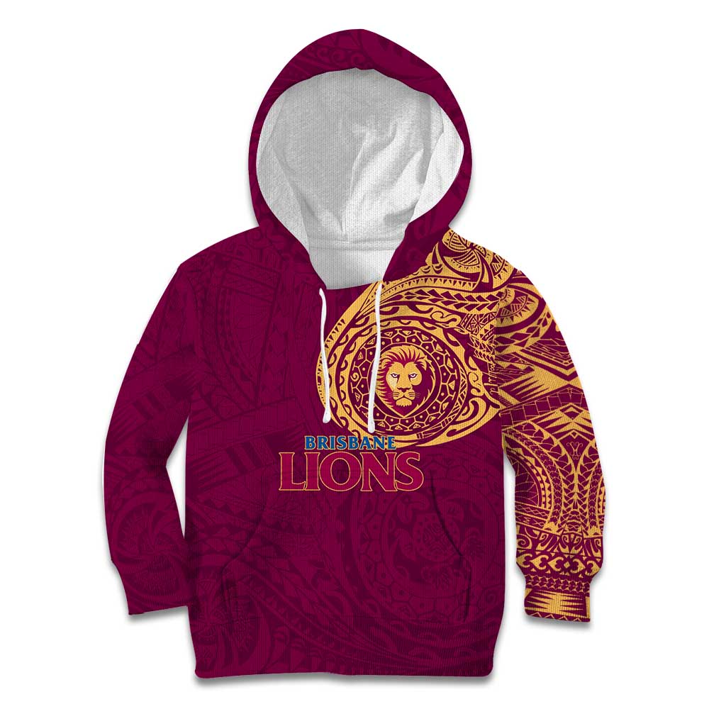 Personalized Brisbane Lions Polynesian Kid Hoodie Tribal Chest and Sleeve Tattoo Heritage Warrior