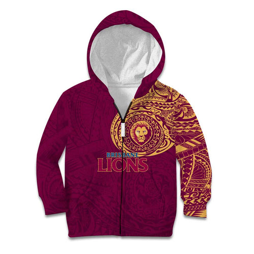 Personalized Brisbane Lions Polynesian Kid Hoodie Tribal Chest and Sleeve Tattoo Heritage Warrior