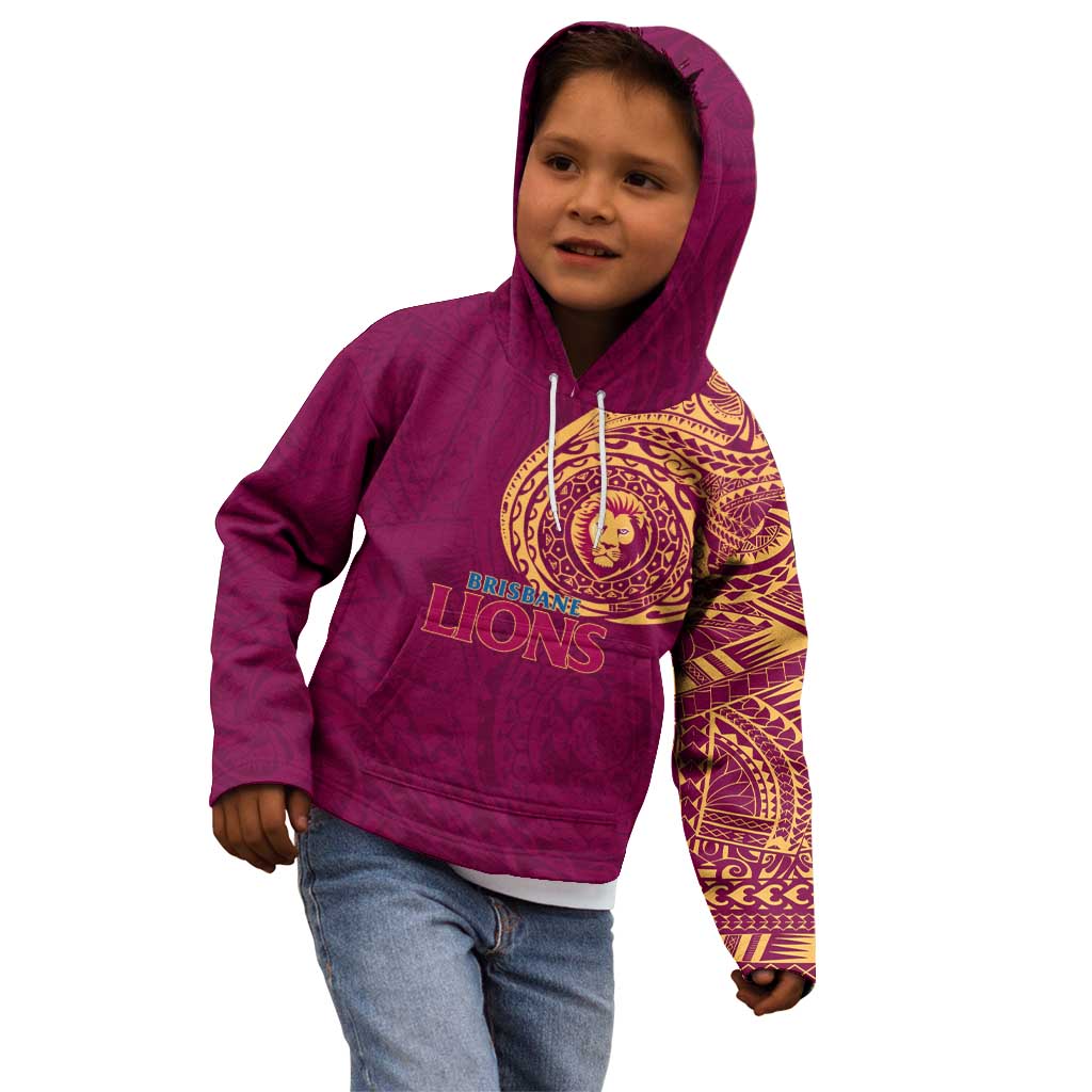 Personalized Brisbane Lions Polynesian Kid Hoodie Tribal Chest and Sleeve Tattoo Heritage Warrior