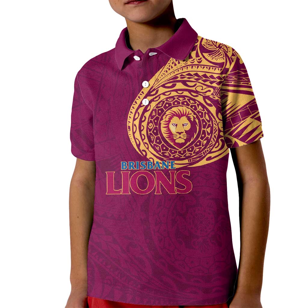 Personalized Brisbane Lions Polynesian Kid Polo Shirt Tribal Chest and Sleeve Tattoo Heritage Warrior
