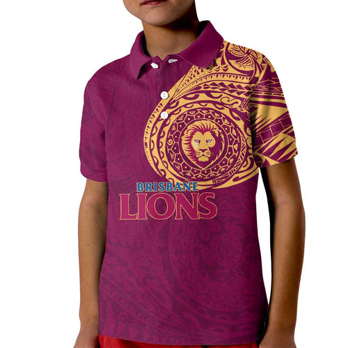 Personalized Brisbane Lions Polynesian Kid Polo Shirt Tribal Chest and Sleeve Tattoo Heritage Warrior