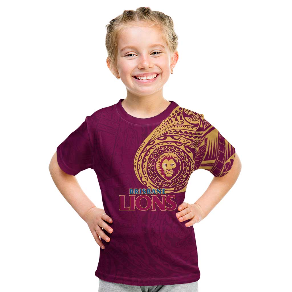Personalized Brisbane Lions Polynesian Kid T Shirt Tribal Chest and Sleeve Tattoo Heritage Warrior