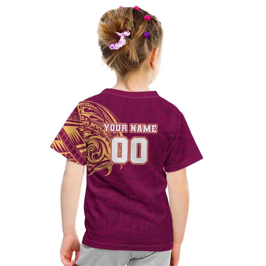 Personalized Brisbane Lions Polynesian Kid T Shirt Tribal Chest and Sleeve Tattoo Heritage Warrior