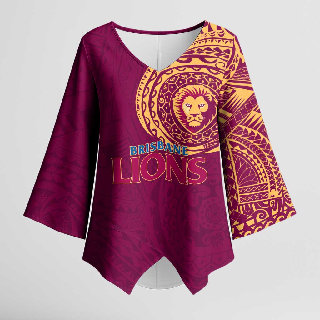 Personalized Brisbane Lions Polynesian Kimono Sleeve Blouse Tribal Chest and Sleeve Tattoo Heritage Warrior