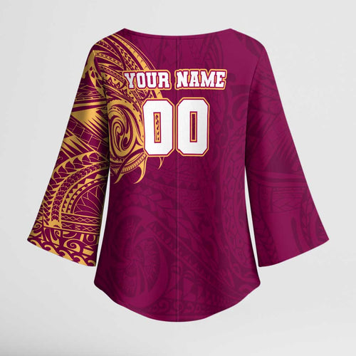 Personalized Brisbane Lions Polynesian Kimono Sleeve Blouse Tribal Chest and Sleeve Tattoo Heritage Warrior
