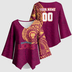 Personalized Brisbane Lions Polynesian Kimono Sleeve Blouse Tribal Chest and Sleeve Tattoo Heritage Warrior