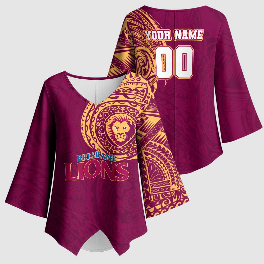 Personalized Brisbane Lions Polynesian Kimono Sleeve Blouse Tribal Chest and Sleeve Tattoo Heritage Warrior