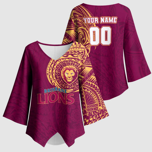 Personalized Brisbane Lions Polynesian Kimono Sleeve Blouse Tribal Chest and Sleeve Tattoo Heritage Warrior