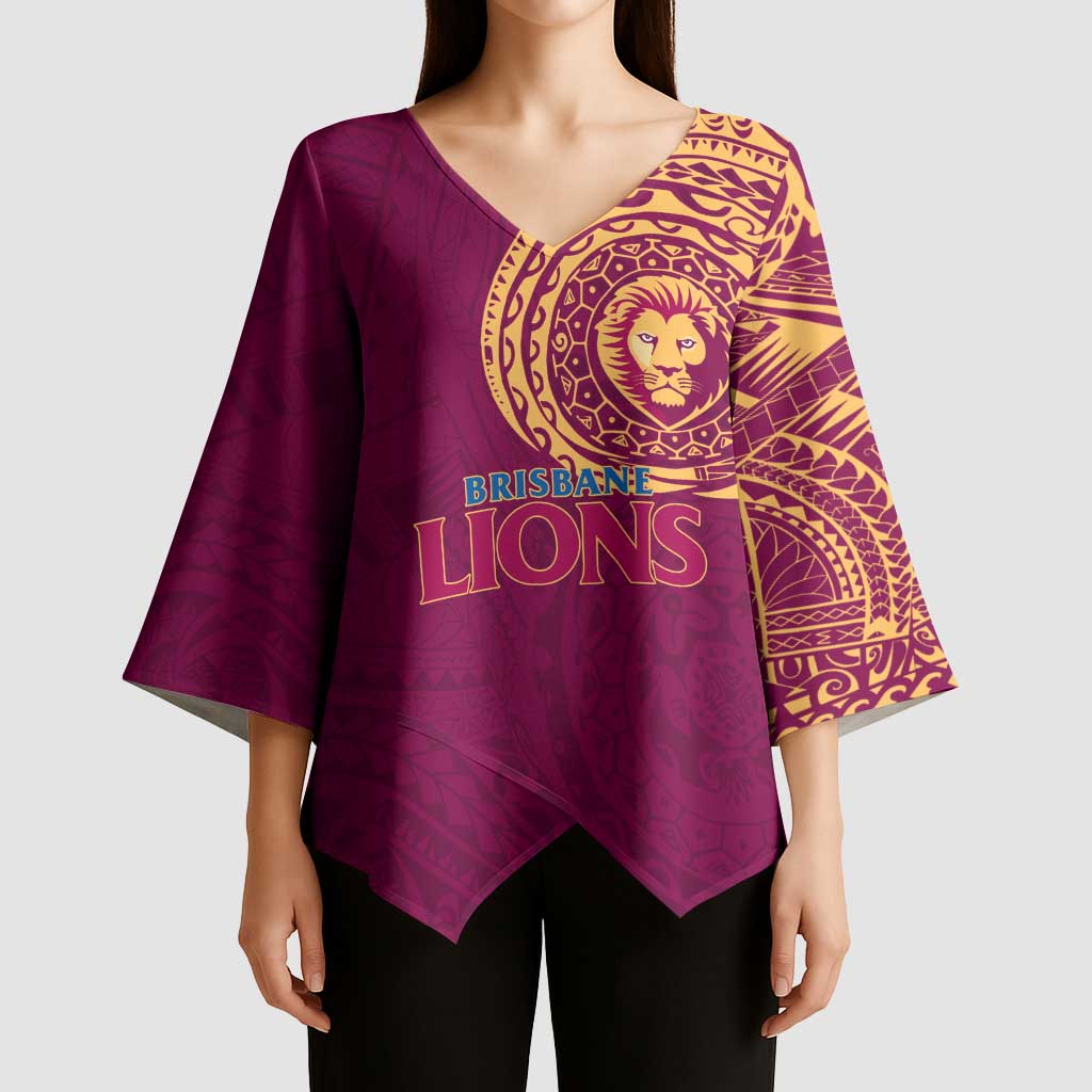 Personalized Brisbane Lions Polynesian Kimono Sleeve Blouse Tribal Chest and Sleeve Tattoo Heritage Warrior