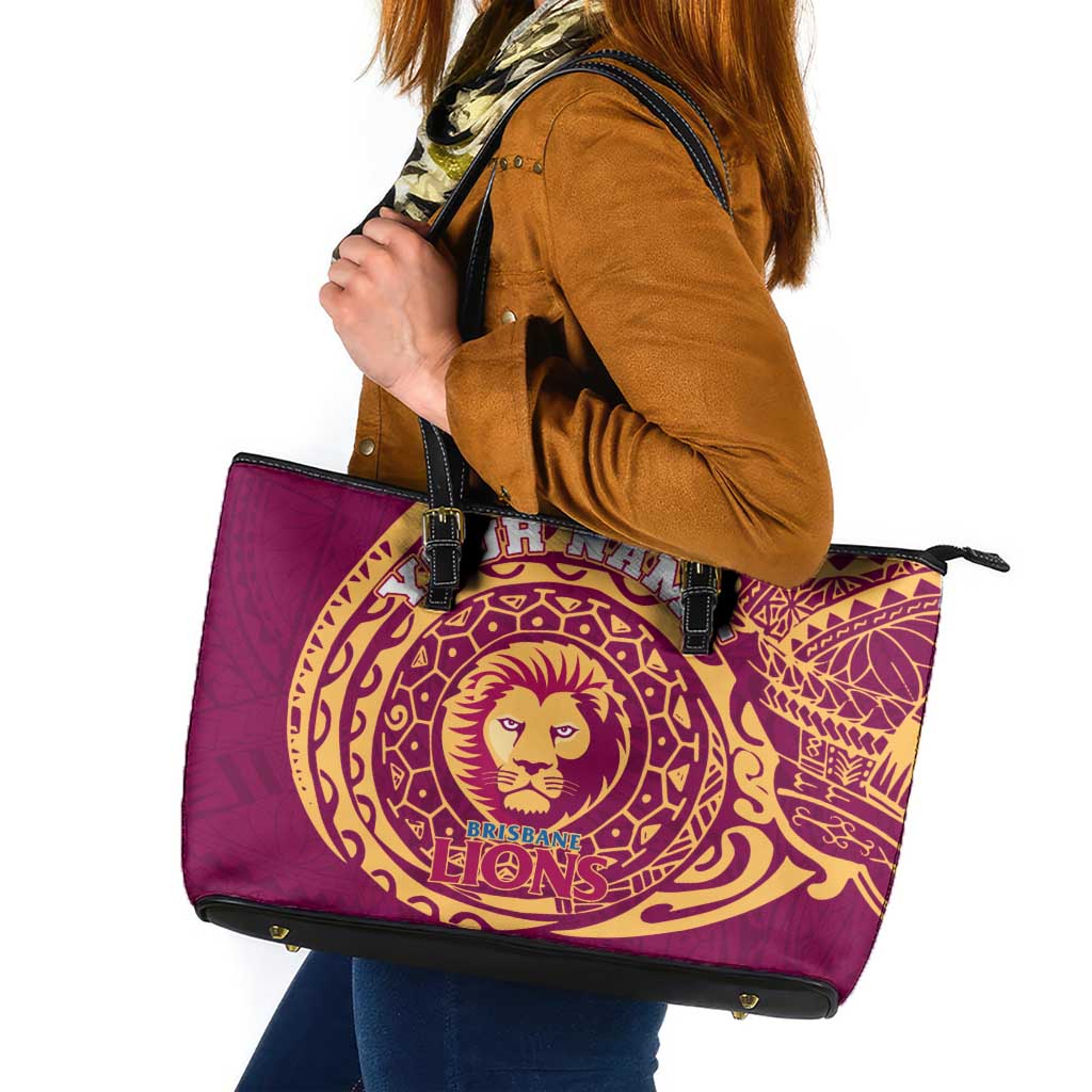 Personalized Brisbane Lions Polynesian Leather Tote Bag Tribal Chest and Sleeve Tattoo Heritage Warrior