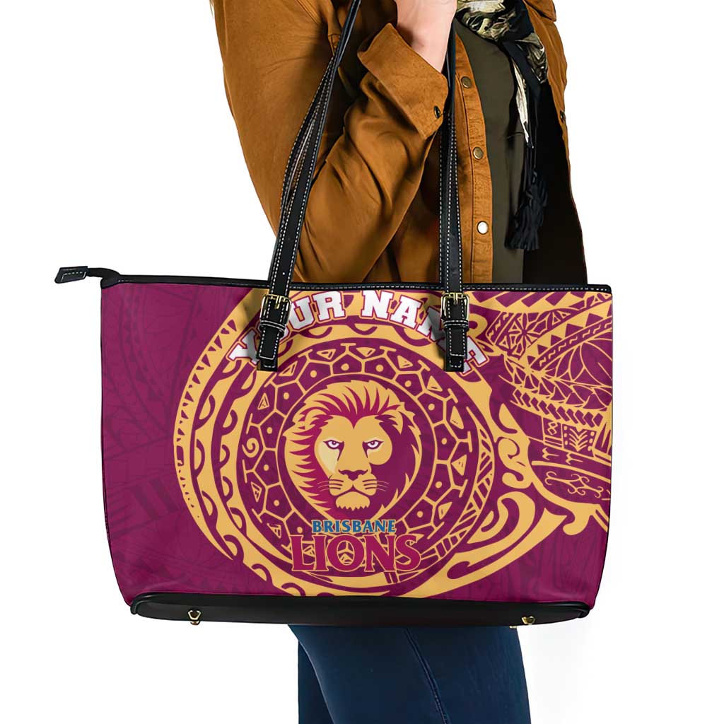 Personalized Brisbane Lions Polynesian Leather Tote Bag Tribal Chest and Sleeve Tattoo Heritage Warrior