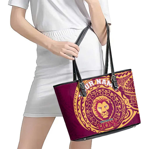 Personalized Brisbane Lions Polynesian Leather Tote Bag Tribal Chest and Sleeve Tattoo Heritage Warrior