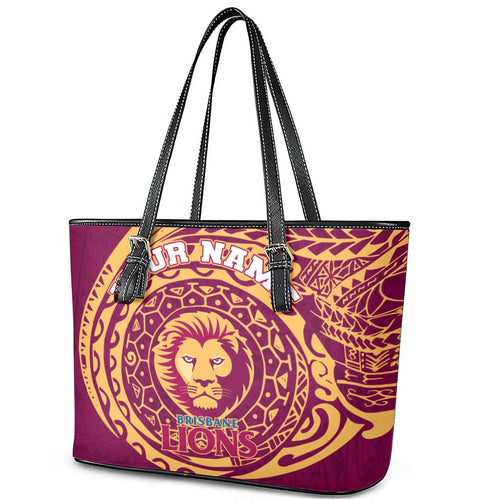Personalized Brisbane Lions Polynesian Leather Tote Bag Tribal Chest and Sleeve Tattoo Heritage Warrior