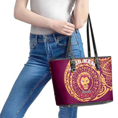 Personalized Brisbane Lions Polynesian Leather Tote Bag Tribal Chest and Sleeve Tattoo Heritage Warrior