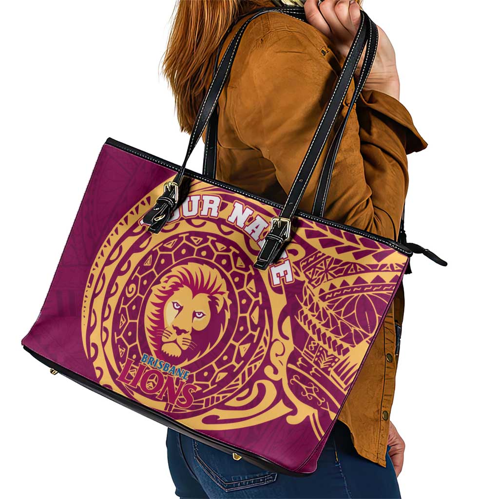 Personalized Brisbane Lions Polynesian Leather Tote Bag Tribal Chest and Sleeve Tattoo Heritage Warrior