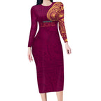 Personalized Brisbane Lions Polynesian Long Sleeve Bodycon Dress Tribal Chest and Sleeve Tattoo Heritage Warrior