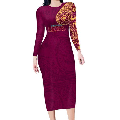 Personalized Brisbane Lions Polynesian Long Sleeve Bodycon Dress Tribal Chest and Sleeve Tattoo Heritage Warrior