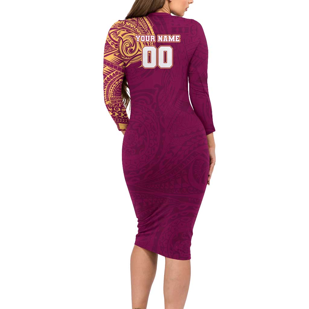 Personalized Brisbane Lions Polynesian Long Sleeve Bodycon Dress Tribal Chest and Sleeve Tattoo Heritage Warrior