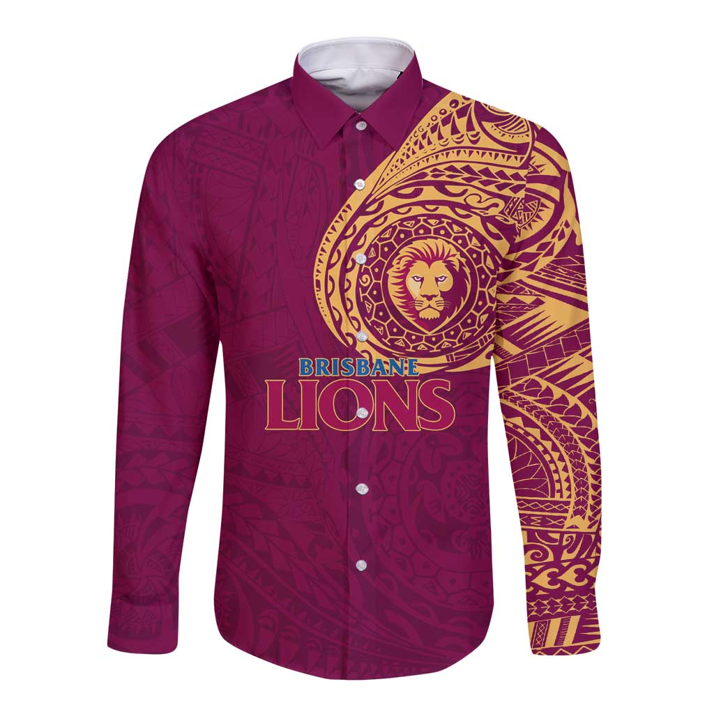 Personalized Brisbane Lions Polynesian Long Sleeve Button Shirt Tribal Chest and Sleeve Tattoo Heritage Warrior