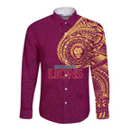 Personalized Brisbane Lions Polynesian Long Sleeve Button Shirt Tribal Chest and Sleeve Tattoo Heritage Warrior