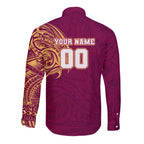 Personalized Brisbane Lions Polynesian Long Sleeve Button Shirt Tribal Chest and Sleeve Tattoo Heritage Warrior
