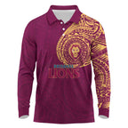 Personalized Brisbane Lions Polynesian Long Sleeve Polo Shirt Tribal Chest and Sleeve Tattoo Heritage Warrior