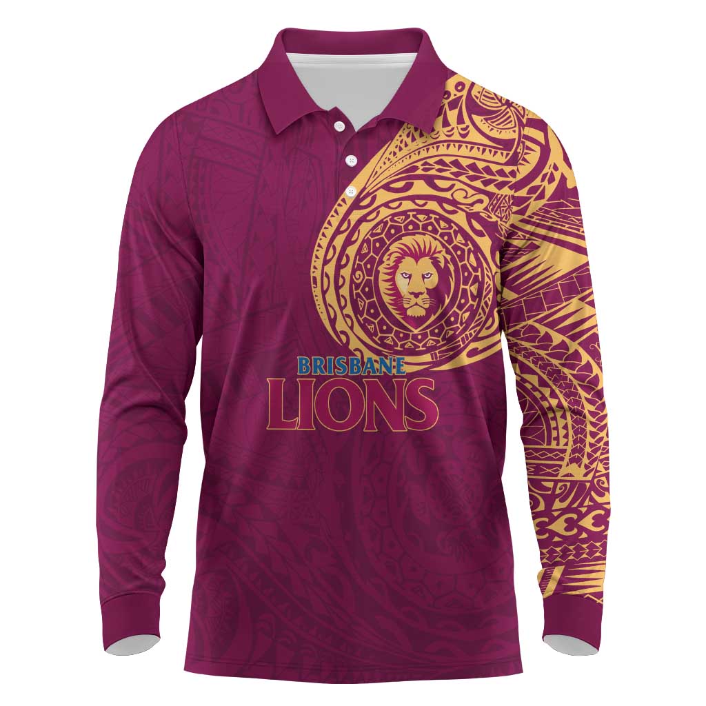 Personalized Brisbane Lions Polynesian Long Sleeve Polo Shirt Tribal Chest and Sleeve Tattoo Heritage Warrior
