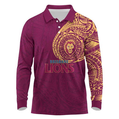 Personalized Brisbane Lions Polynesian Long Sleeve Polo Shirt Tribal Chest and Sleeve Tattoo Heritage Warrior