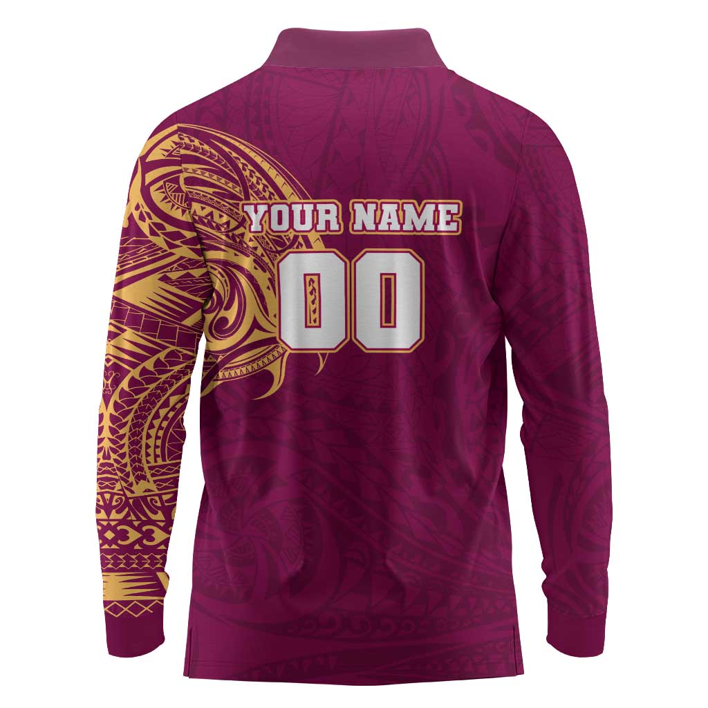 Personalized Brisbane Lions Polynesian Long Sleeve Polo Shirt Tribal Chest and Sleeve Tattoo Heritage Warrior