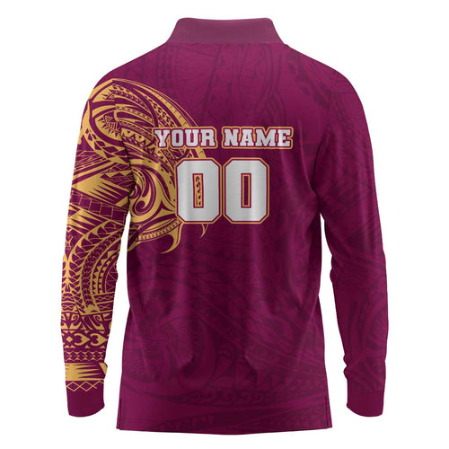 Personalized Brisbane Lions Polynesian Long Sleeve Polo Shirt Tribal Chest and Sleeve Tattoo Heritage Warrior