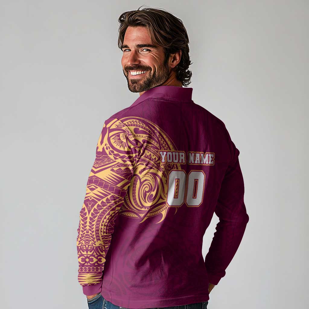 Personalized Brisbane Lions Polynesian Long Sleeve Polo Shirt Tribal Chest and Sleeve Tattoo Heritage Warrior