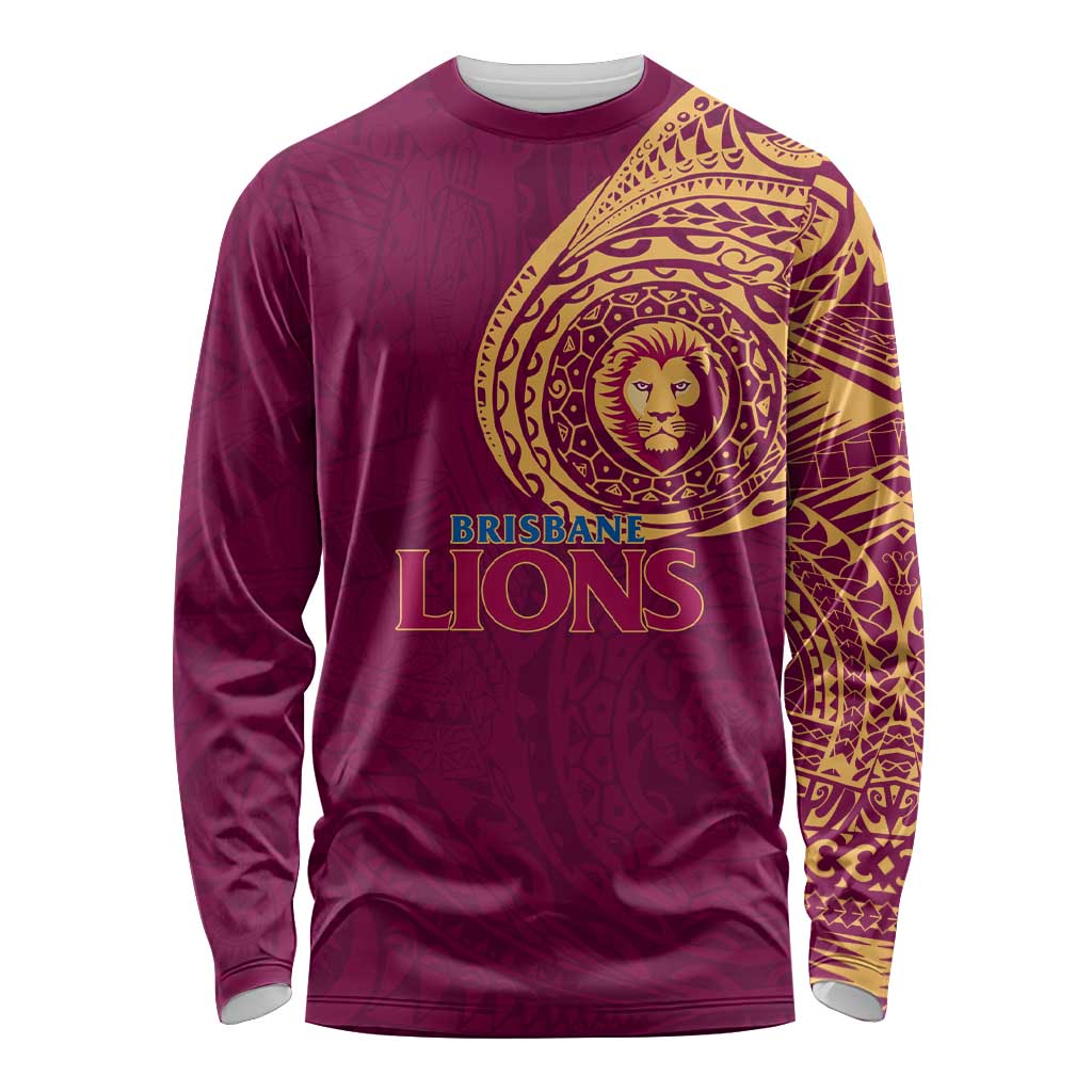 Personalized Brisbane Lions Polynesian Long Sleeve Shirt Tribal Chest and Sleeve Tattoo Heritage Warrior