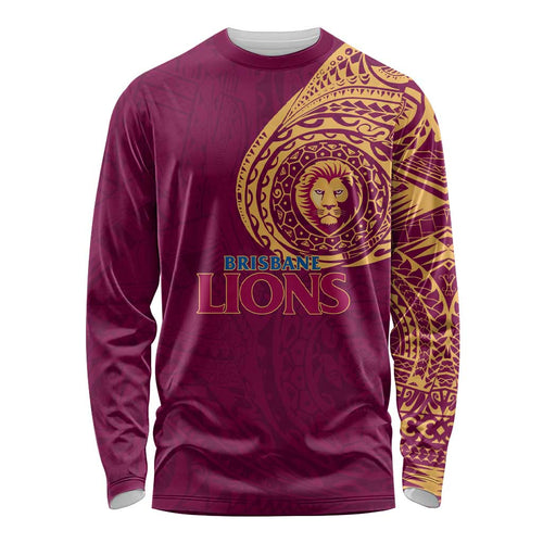 Personalized Brisbane Lions Polynesian Long Sleeve Shirt Tribal Chest and Sleeve Tattoo Heritage Warrior