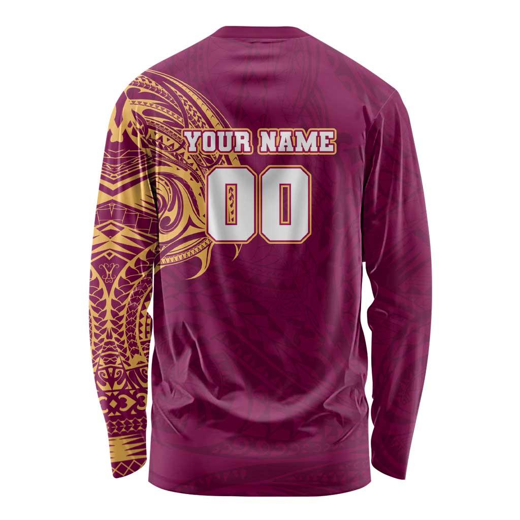Personalized Brisbane Lions Polynesian Long Sleeve Shirt Tribal Chest and Sleeve Tattoo Heritage Warrior
