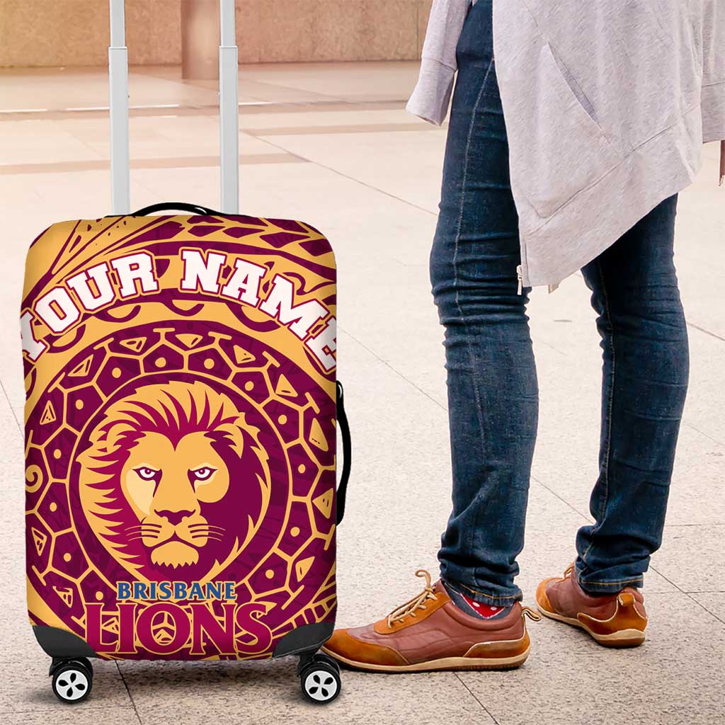 Personalized Brisbane Lions Polynesian Luggage Cover Tribal Chest and Sleeve Tattoo Heritage Warrior