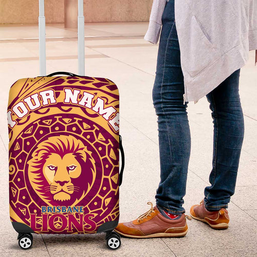 Personalized Brisbane Lions Polynesian Luggage Cover Tribal Chest and Sleeve Tattoo Heritage Warrior