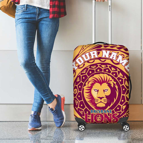 Personalized Brisbane Lions Polynesian Luggage Cover Tribal Chest and Sleeve Tattoo Heritage Warrior