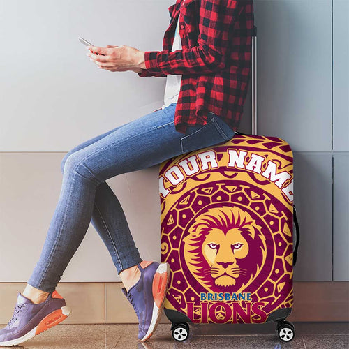 Personalized Brisbane Lions Polynesian Luggage Cover Tribal Chest and Sleeve Tattoo Heritage Warrior