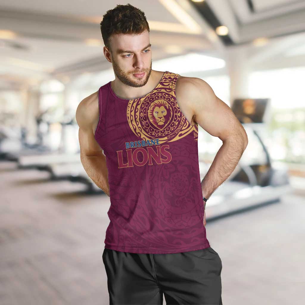 Personalized Brisbane Lions Polynesian Men Tank Top Tribal Chest and Sleeve Tattoo Heritage Warrior