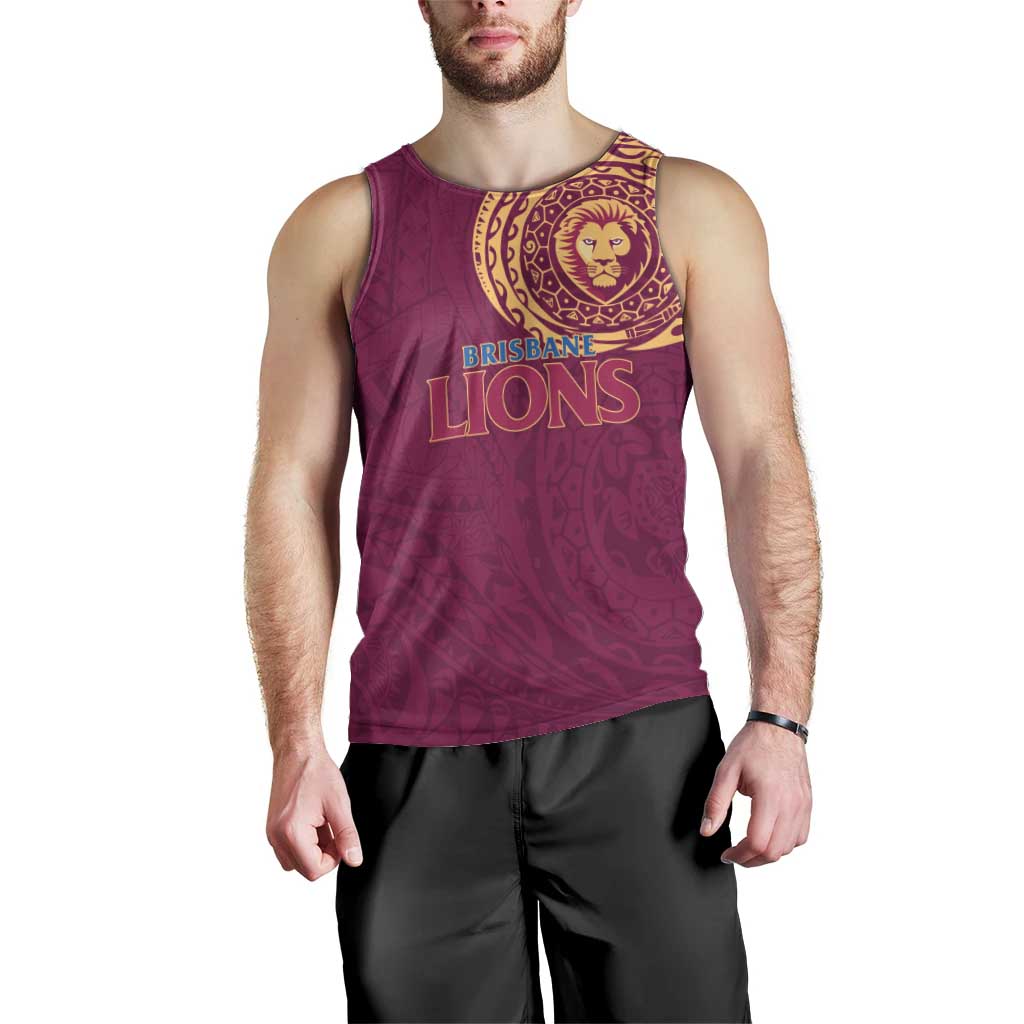 Personalized Brisbane Lions Polynesian Men Tank Top Tribal Chest and Sleeve Tattoo Heritage Warrior