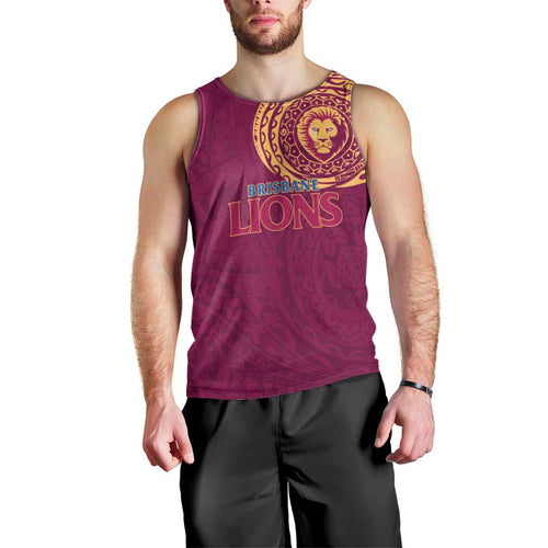 Personalized Brisbane Lions Polynesian Men Tank Top Tribal Chest and Sleeve Tattoo Heritage Warrior