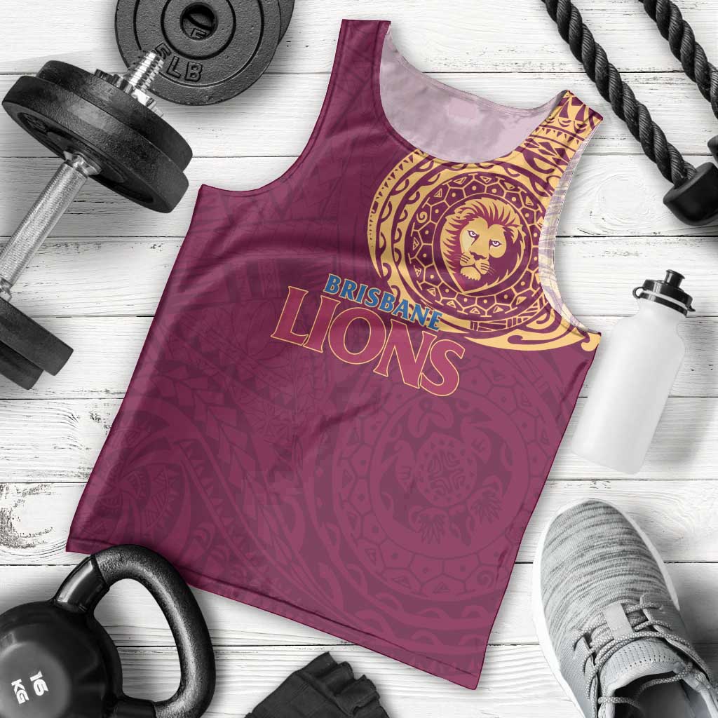 Personalized Brisbane Lions Polynesian Men Tank Top Tribal Chest and Sleeve Tattoo Heritage Warrior