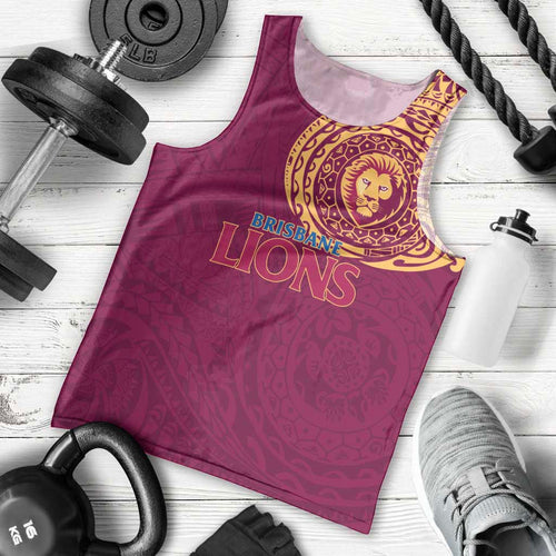 Personalized Brisbane Lions Polynesian Men Tank Top Tribal Chest and Sleeve Tattoo Heritage Warrior