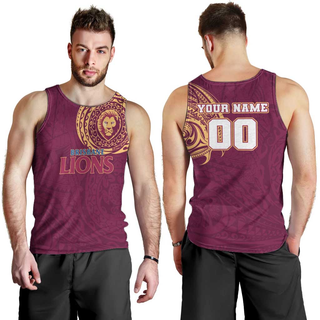 Personalized Brisbane Lions Polynesian Men Tank Top Tribal Chest and Sleeve Tattoo Heritage Warrior
