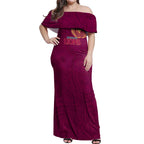 Personalized Brisbane Lions Polynesian Off Shoulder Maxi Dress Tribal Chest and Sleeve Tattoo Heritage Warrior