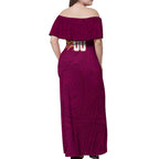 Personalized Brisbane Lions Polynesian Off Shoulder Maxi Dress Tribal Chest and Sleeve Tattoo Heritage Warrior