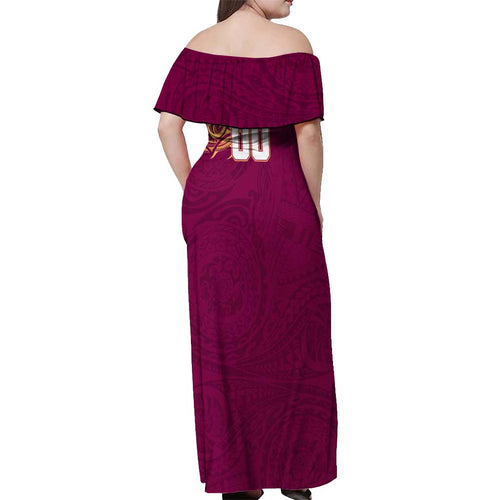 Personalized Brisbane Lions Polynesian Off Shoulder Maxi Dress Tribal Chest and Sleeve Tattoo Heritage Warrior