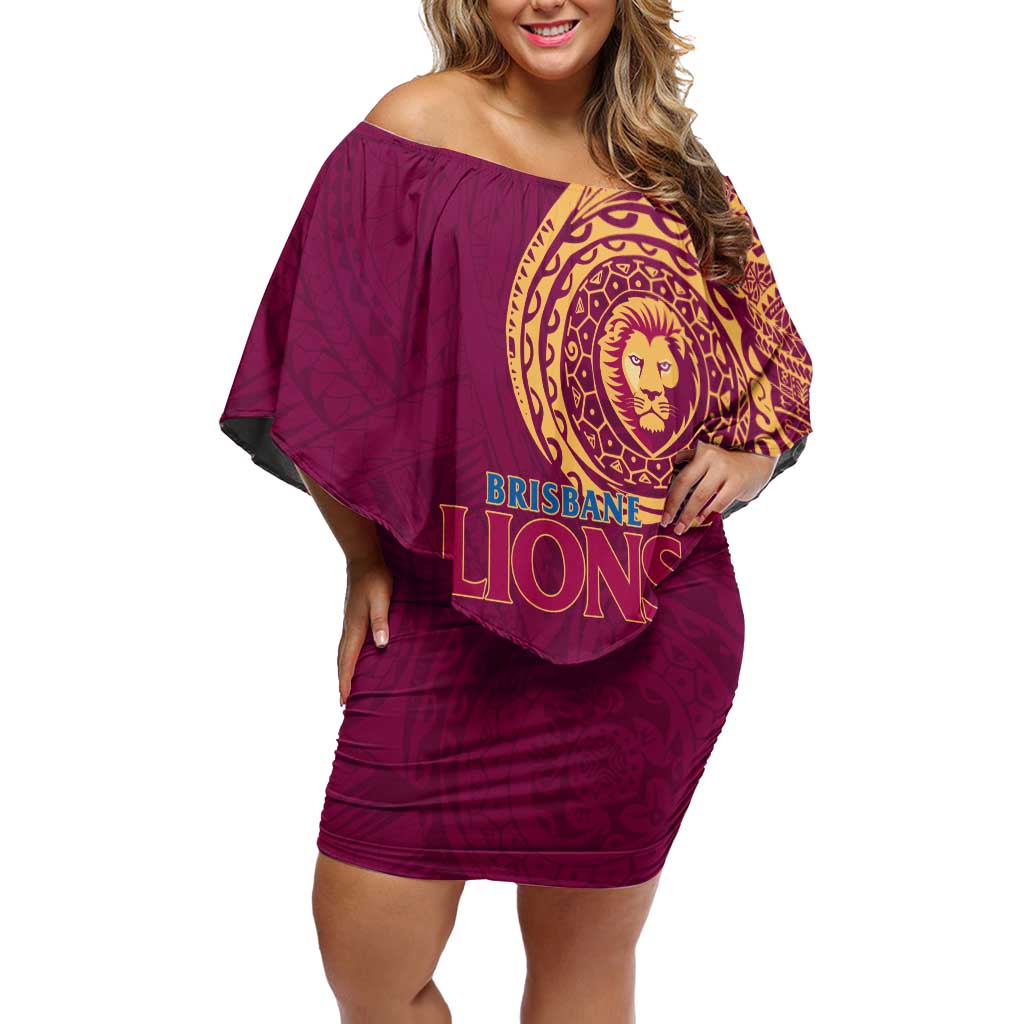 Personalized Brisbane Lions Polynesian Off Shoulder Short Dress Tribal Chest and Sleeve Tattoo Heritage Warrior
