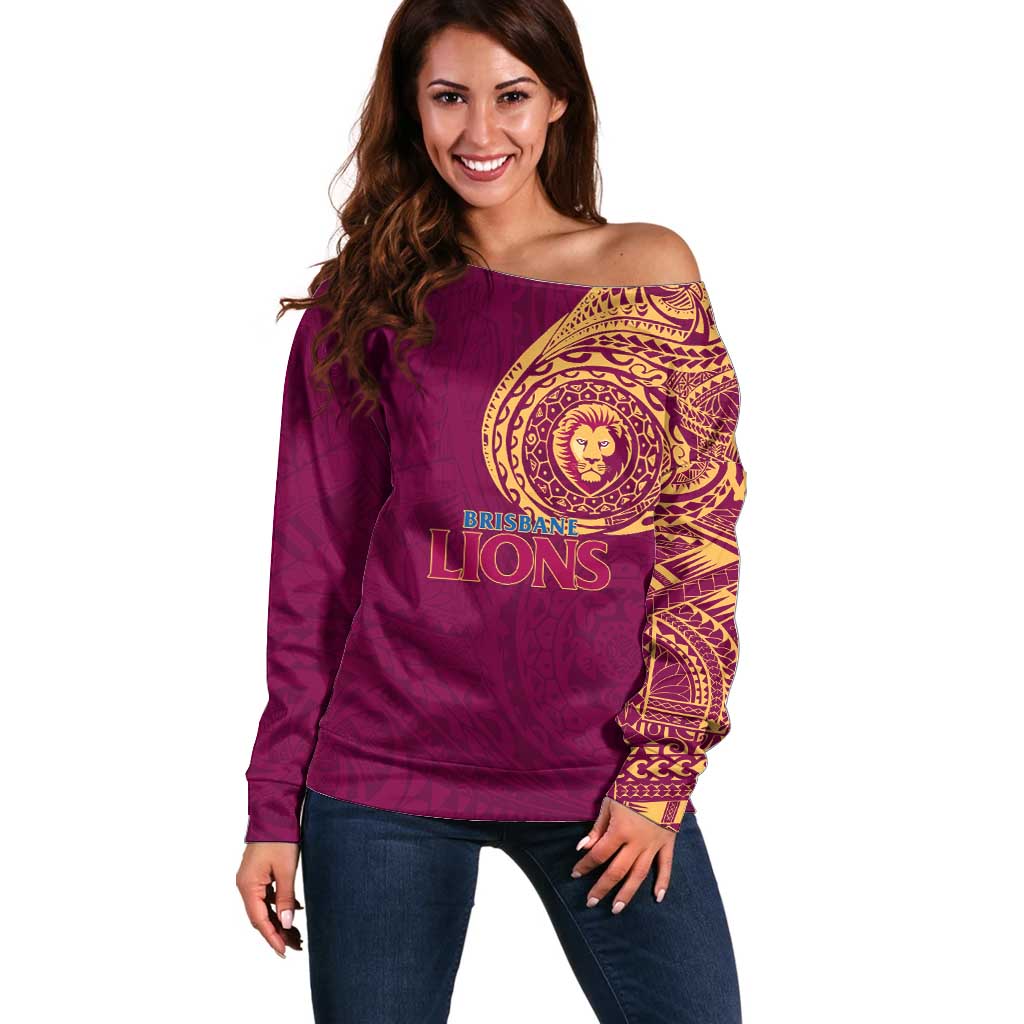 Personalized Brisbane Lions Polynesian Off Shoulder Sweater Tribal Chest and Sleeve Tattoo Heritage Warrior