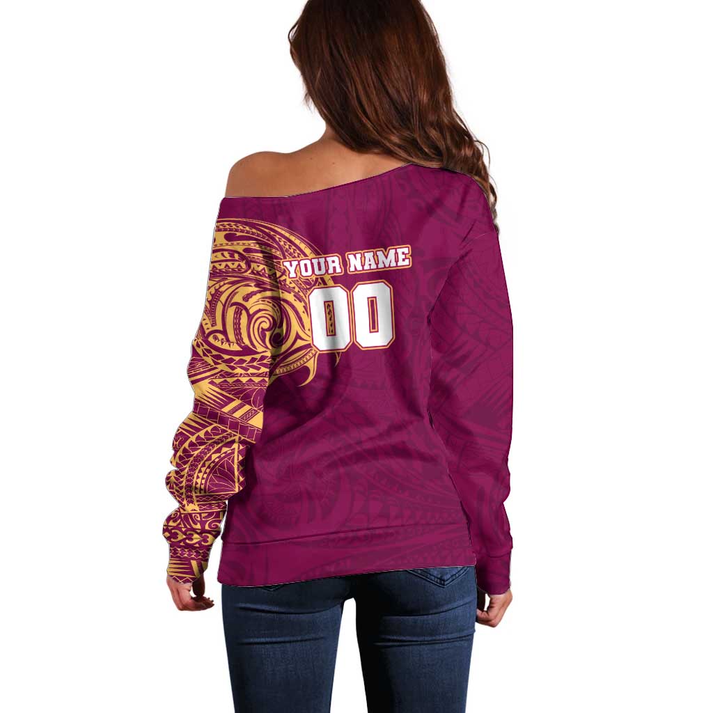 Personalized Brisbane Lions Polynesian Off Shoulder Sweater Tribal Chest and Sleeve Tattoo Heritage Warrior